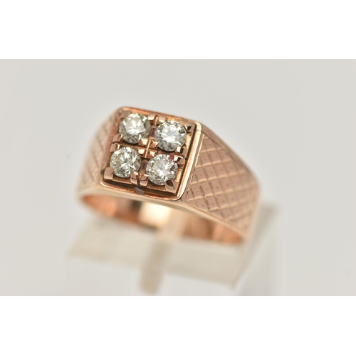 78 - A YELLOW METAL DIAMOND SIGNET RING, square signet with four claw set, round brilliant cut diamonds, ... 
