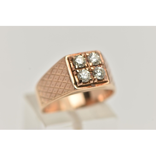 78 - A YELLOW METAL DIAMOND SIGNET RING, square signet with four claw set, round brilliant cut diamonds, ... 