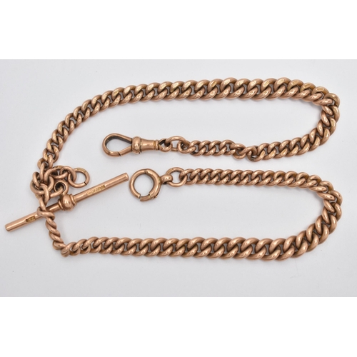 83 - AN EARLY 20TH CENTURY 9CT GOLD ALBERT CHAIN, a rose gold graduated curb link chain, fitted with a lo... 