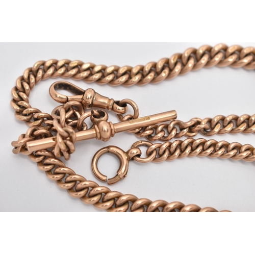83 - AN EARLY 20TH CENTURY 9CT GOLD ALBERT CHAIN, a rose gold graduated curb link chain, fitted with a lo... 