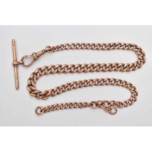 84 - AN EARLY 20TH CENTURY GOLD ALBERT CHAIN, an AF rose gold graduated curb link chain, fitted with a lo... 