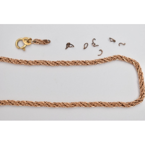 86 - A 9CT GOLD ROPE CHAIN NECKLACE, AF rose gold necklace, fitted with a yellow gold spring clasp, appro... 