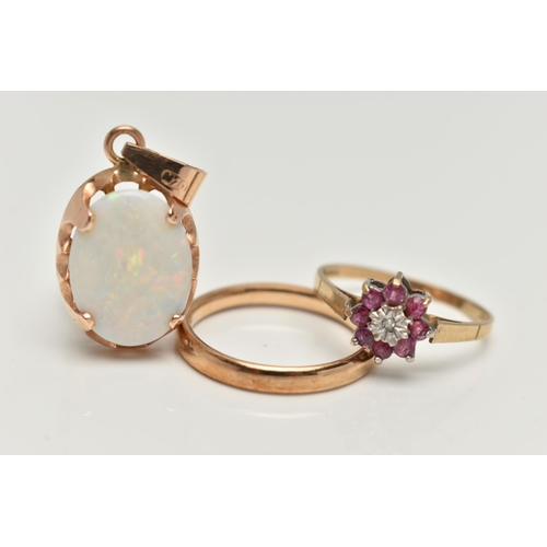 87 - TWO 9CT GOLD RINGS AND A YELLOW METAL OPAL PENDANT, the first a plain polished band ring, approximat... 
