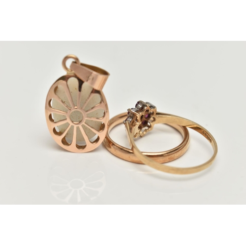87 - TWO 9CT GOLD RINGS AND A YELLOW METAL OPAL PENDANT, the first a plain polished band ring, approximat... 