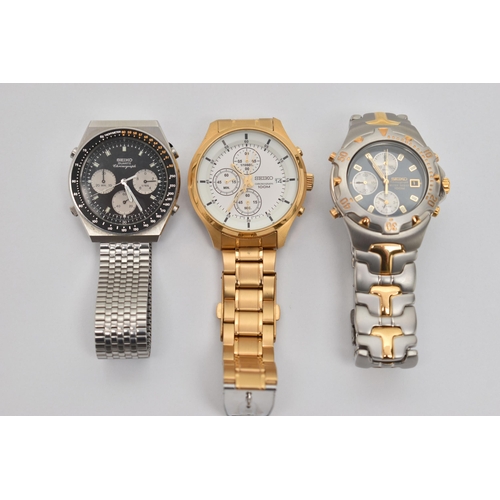 89 - THREE QUARTZ SEIKO CHRONOGRAPH WRISTWATCHES, the first a black dial with silvered subsidiary dial, t... 
