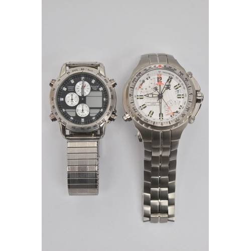 90 - A STAINLESS STEEL TIMEX TX FLY-BACK CHRONOGRAPH WRISTWATCH, white patterned dial with orange detail ... 