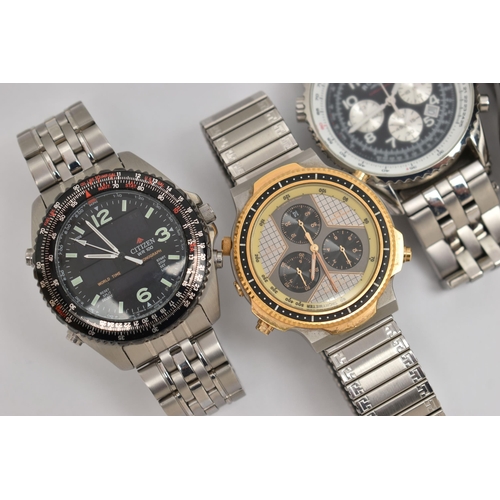 92 - FIVE ASSORTED WRISTWATCHES, to include a 'Rotary' Chrono speed, 'Swatch' Irony, 'Citizen' WR100, 'Ci... 