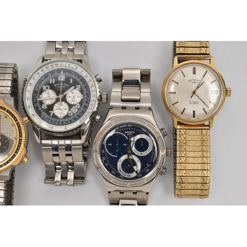 92 - FIVE ASSORTED WRISTWATCHES, to include a 'Rotary' Chrono speed, 'Swatch' Irony, 'Citizen' WR100, 'Ci... 