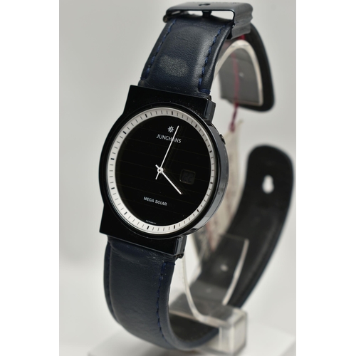 153 - A GENTS 'JUNGHAN MEGA SOLAR' WRISTWATCH, round black dial signed 'Junghan Mega Solar', small baton m... 