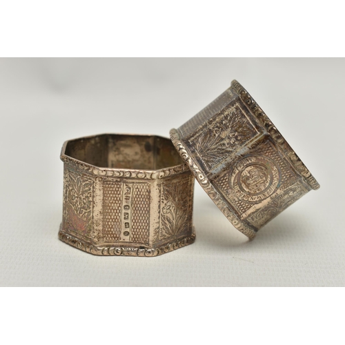 105 - A PAIR OF LATE VICTORIAN SILVER OCTAGONAL NAPKIN RINGS, alternate engine turned and engraved panels,... 