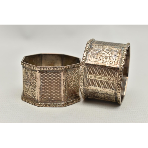 105 - A PAIR OF LATE VICTORIAN SILVER OCTAGONAL NAPKIN RINGS, alternate engine turned and engraved panels,... 