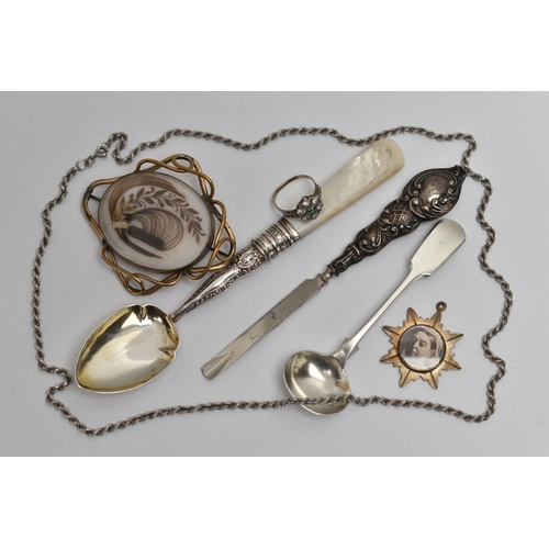 108 - A SMALL PARCEL OF SILVER, GILT METAL, ETC, including a Victorian gilt metal hair mourning brooch, a ... 