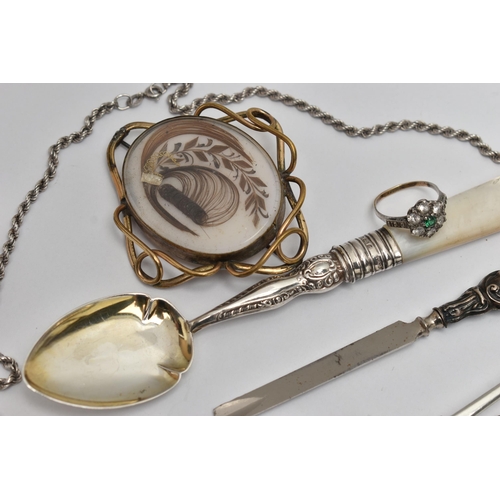 108 - A SMALL PARCEL OF SILVER, GILT METAL, ETC, including a Victorian gilt metal hair mourning brooch, a ... 