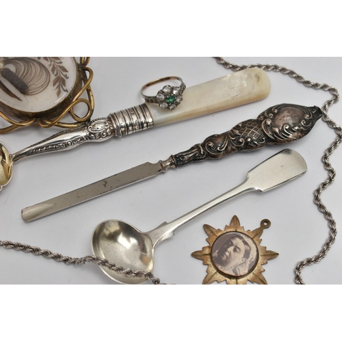 108 - A SMALL PARCEL OF SILVER, GILT METAL, ETC, including a Victorian gilt metal hair mourning brooch, a ... 