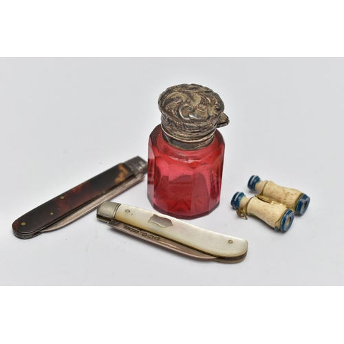 109 - A 19TH CENTURY BONE STANHOPE IN THE FORM OF OPERA GLASSES, TWO FOLDING FRUIT KNIVES, ONE WITH HALLMA... 