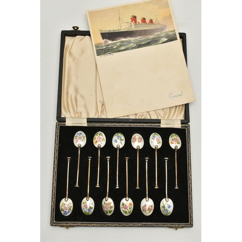 111 - CUNARD INTEREST, A CASED SET OF TWELVE SILVER AND ENAMEL COFFEE SPOONS AND A SIGNED CUNARD QUEEN MAR... 