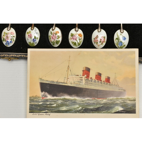 111 - CUNARD INTEREST, A CASED SET OF TWELVE SILVER AND ENAMEL COFFEE SPOONS AND A SIGNED CUNARD QUEEN MAR... 