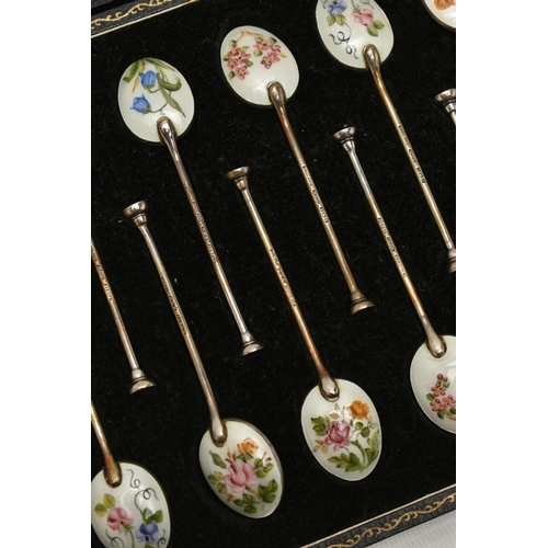 111 - CUNARD INTEREST, A CASED SET OF TWELVE SILVER AND ENAMEL COFFEE SPOONS AND A SIGNED CUNARD QUEEN MAR... 