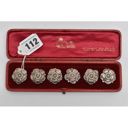 112 - A CASED SET OF SIX EDWARDIAN SILVER BUTTONS IN THE FORM OF A FLOWERHEAD, makers Goldsmiths & Silvers... 