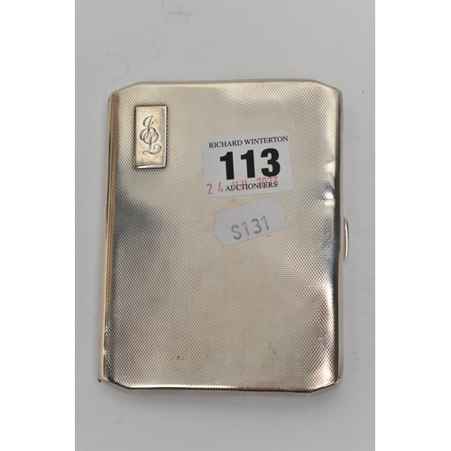 113 - A GEORGE VI SILVER CIGARETTE CASE OF RECTANGULAR FORM, canted corners, engine turned decoration to f... 