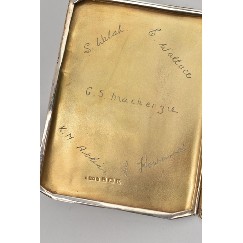 113 - A GEORGE VI SILVER CIGARETTE CASE OF RECTANGULAR FORM, canted corners, engine turned decoration to f... 