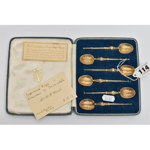 114 - A CASED SET OF SIX GEORGE VI SILVER GILT REPLICA CORONATION ANOINTING SPOON TEASPOONS, maker's mark ... 