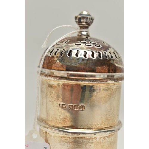 117 - AN GEORGE V SILVER SUGAR CASTER, plain cylindrical caster with domed pierced cover, hallmarked 'Lee ... 