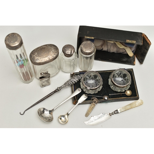 121 - A BOX OF ASSORTED ITEMS, to include a boxed salt set, containing two glass salts with silver rims to... 