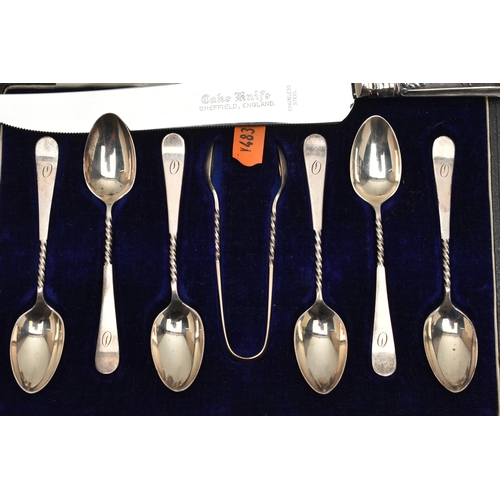 122 - AN ASSORTMENT OF SILVER, to include a cased set of six silver teaspoons and a pair of silver sugar t... 