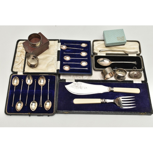 124 - A BOX OF ASSORTED SILVER ITEMS, to include a cased set of seven golfing teaspoons, each hallmarked B... 