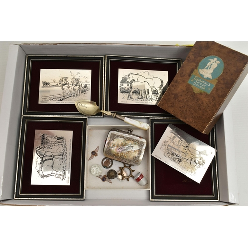 125 - FOUR FRAMED SILVER PLAQUES AND OTHER ITEMS, four silver plaques featuring Shire horses, each hallmar... 