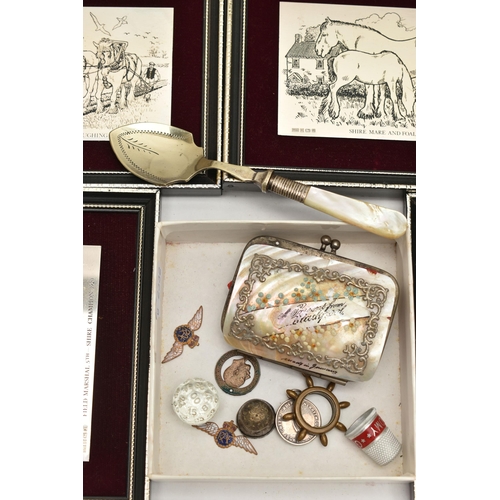 125 - FOUR FRAMED SILVER PLAQUES AND OTHER ITEMS, four silver plaques featuring Shire horses, each hallmar... 