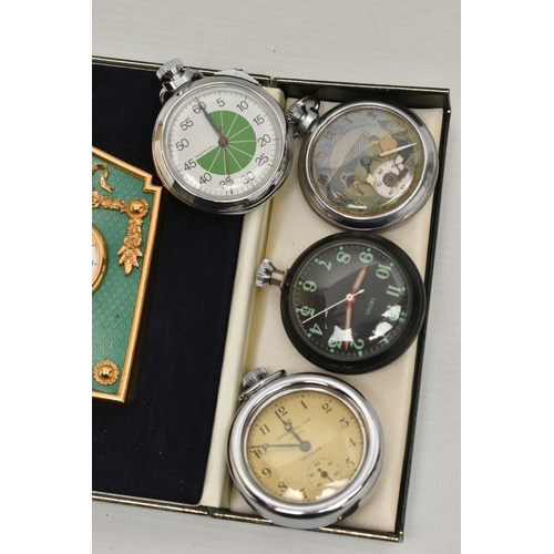 126 - A BOX OF ASSORTED POCKET WATCHES AND STOP WATCHES, to include a novelty football 'Ingersoll Triumph'... 