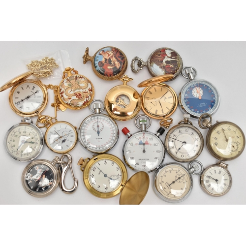 128 - A BOX OF NOVELTY POCKET WATCHES AND STOP WATCHES, names to include 'Jean Marcel, Mount Royal, Liga, ... 