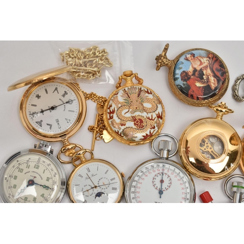 128 - A BOX OF NOVELTY POCKET WATCHES AND STOP WATCHES, names to include 'Jean Marcel, Mount Royal, Liga, ... 