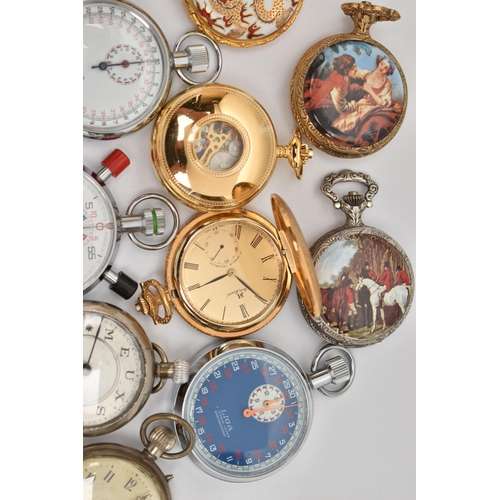 128 - A BOX OF NOVELTY POCKET WATCHES AND STOP WATCHES, names to include 'Jean Marcel, Mount Royal, Liga, ... 