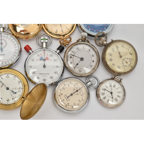 128 - A BOX OF NOVELTY POCKET WATCHES AND STOP WATCHES, names to include 'Jean Marcel, Mount Royal, Liga, ... 