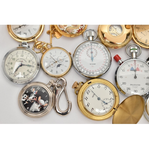 128 - A BOX OF NOVELTY POCKET WATCHES AND STOP WATCHES, names to include 'Jean Marcel, Mount Royal, Liga, ... 