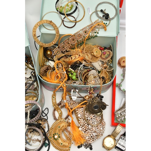 131 - A BOX OF ASSORTED COSTUME JEWELLERY, to include a large oval silver locket, hallmarked, approximate ... 