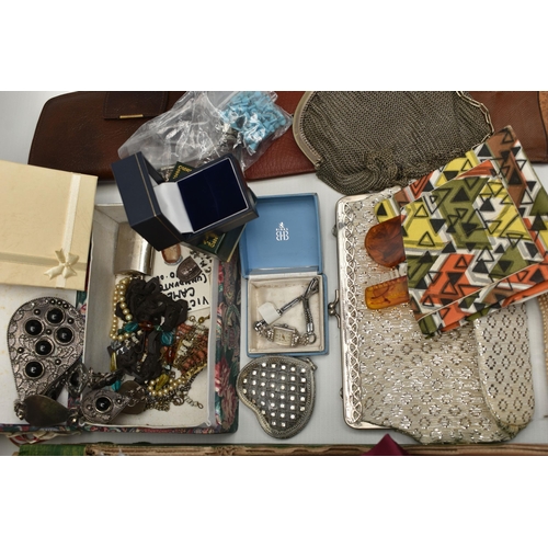132 - A BOX OF ASSORTED COSTUME JEWELLERY AND OTHER ITEMS, to include a Pandora charm bracelet, with charm... 