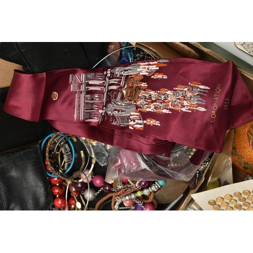 132 - A BOX OF ASSORTED COSTUME JEWELLERY AND OTHER ITEMS, to include a Pandora charm bracelet, with charm... 