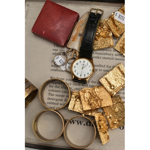 133 - A BOX OF ASSORTED ITEMS, to include three wristwatches, four napkin rings, a 'Royal life saving soci... 