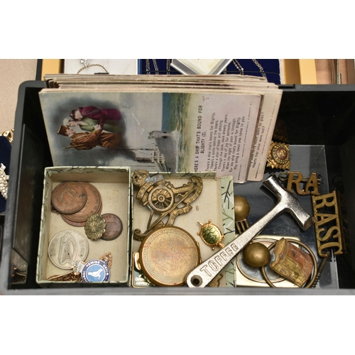 134 - A BOX OF ASSORTED JEWELLERY AND ITEMS, to include ten white metal pendant necklaces, a boxed pair of... 