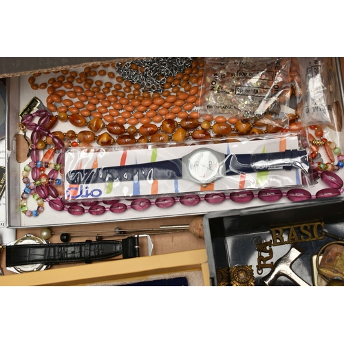 134 - A BOX OF ASSORTED JEWELLERY AND ITEMS, to include ten white metal pendant necklaces, a boxed pair of... 