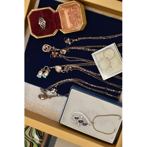 134 - A BOX OF ASSORTED JEWELLERY AND ITEMS, to include ten white metal pendant necklaces, a boxed pair of... 