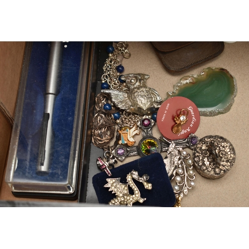 134 - A BOX OF ASSORTED JEWELLERY AND ITEMS, to include ten white metal pendant necklaces, a boxed pair of... 