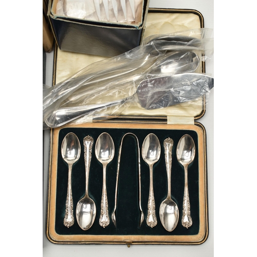 135 - A BOX OF ASSORTED FLATWARE, to include a cased set of six teaspoons, a cased set of six teaspoons an... 