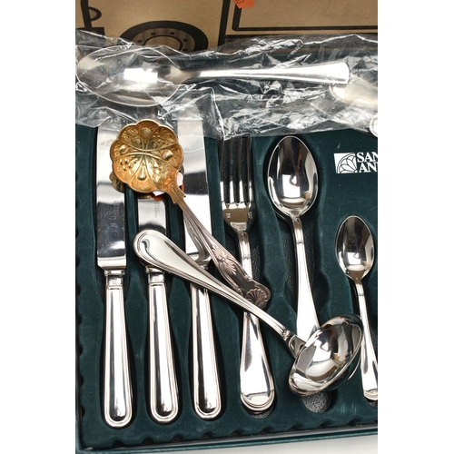 135 - A BOX OF ASSORTED FLATWARE, to include a cased set of six teaspoons, a cased set of six teaspoons an... 