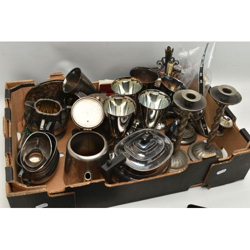 143 - A SELECTION OF SILVER PLATE AND WHITE METAL WARE, to include five silver plated cups and five silver... 