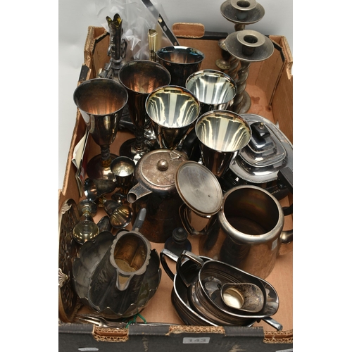 143 - A SELECTION OF SILVER PLATE AND WHITE METAL WARE, to include five silver plated cups and five silver... 